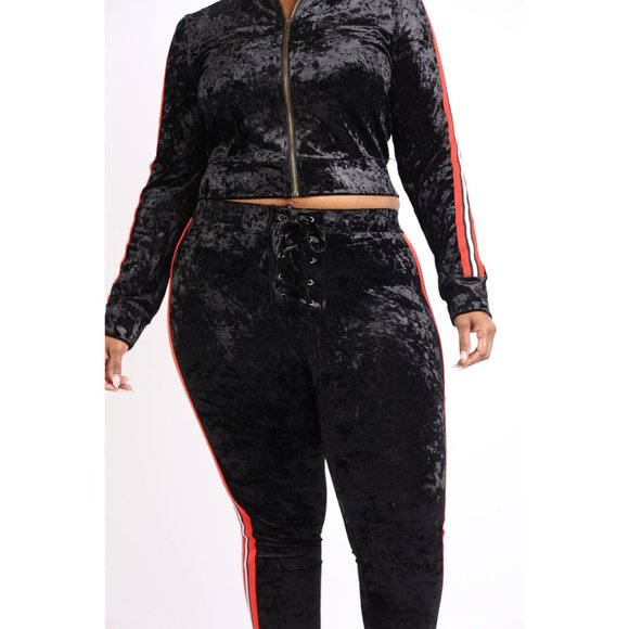 Women's Velvet Zip Up Long Sleeve With Stripe Sport Tape Top & Matching Pants - Picture 3 of 11